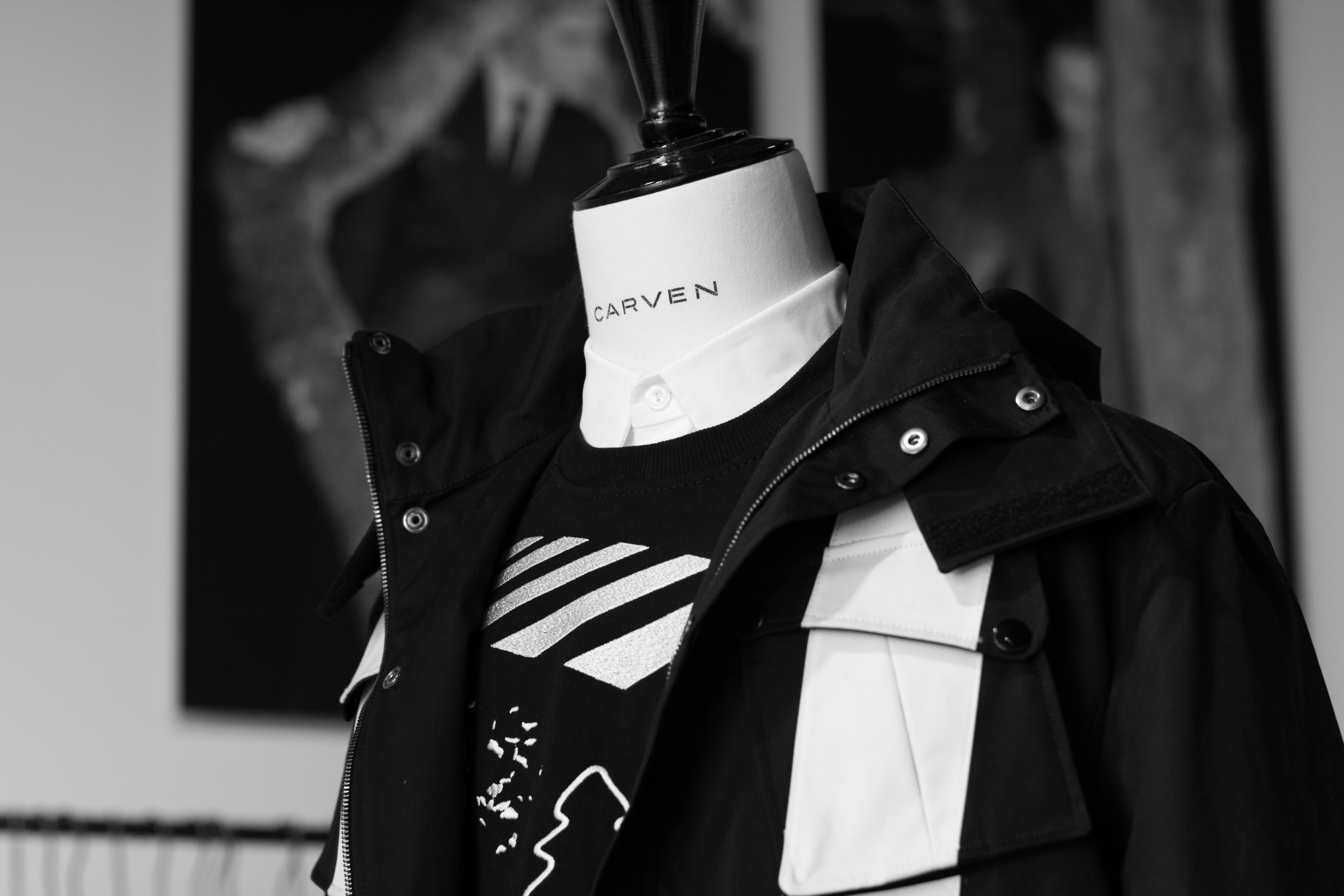 Black and white parka jacket at Carven